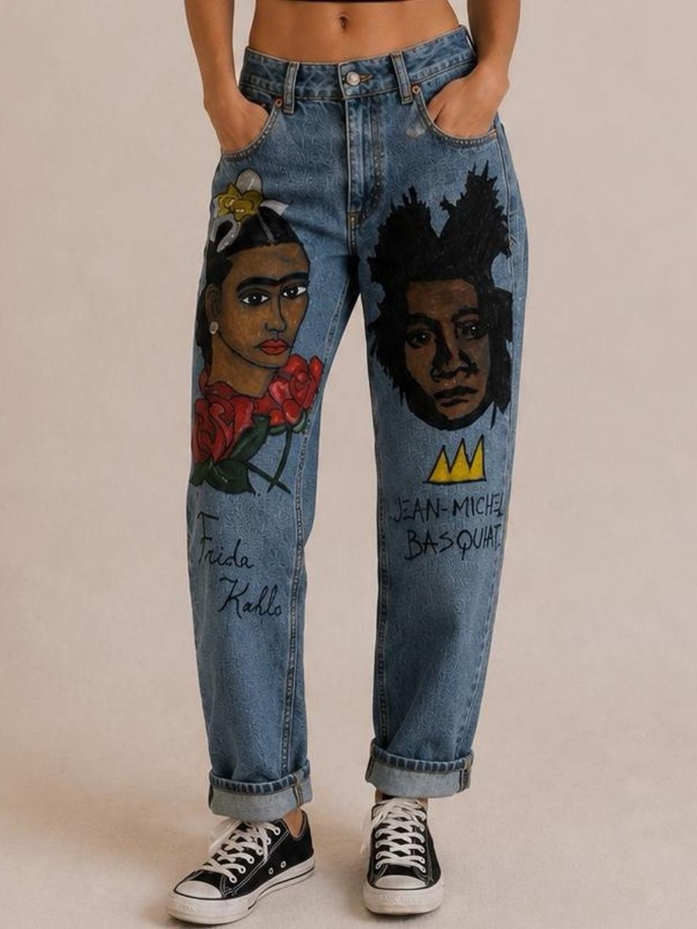 Custom Hand-Painted Denim Jeans - Frida Kahlo & Basquiat size 26”